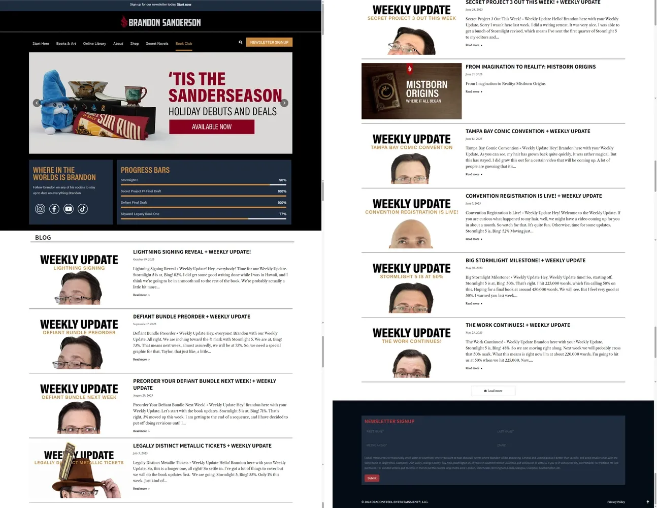 A página inicial do site original do Brandon Sanderson, inteira, em duas colunas: um carrossel promocional no topo, as barras de progresso dos livros e uma longa lista de posts de blog quase iguais, todos “Weekly Update”.
