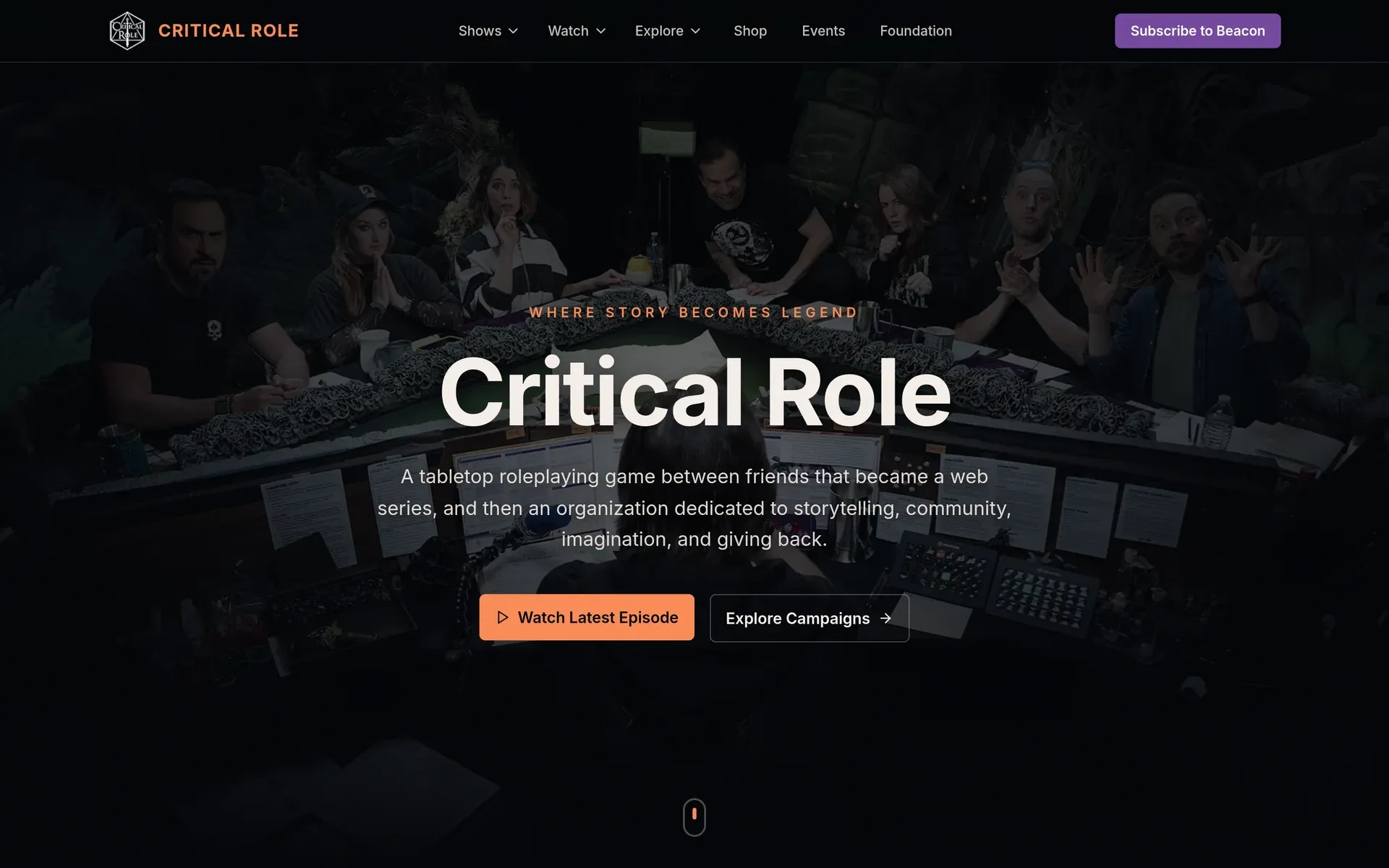 Captura de tela do projeto no ar: A homepage do Critical Role, pensada como um sistema de decisão.